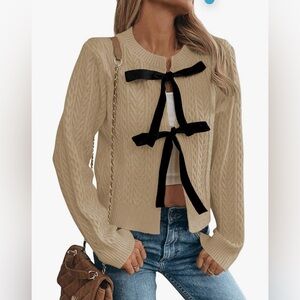 NEW Cable Knit Crew Neck Sweater Cardigan Bow Tie Front Long Sleeve M